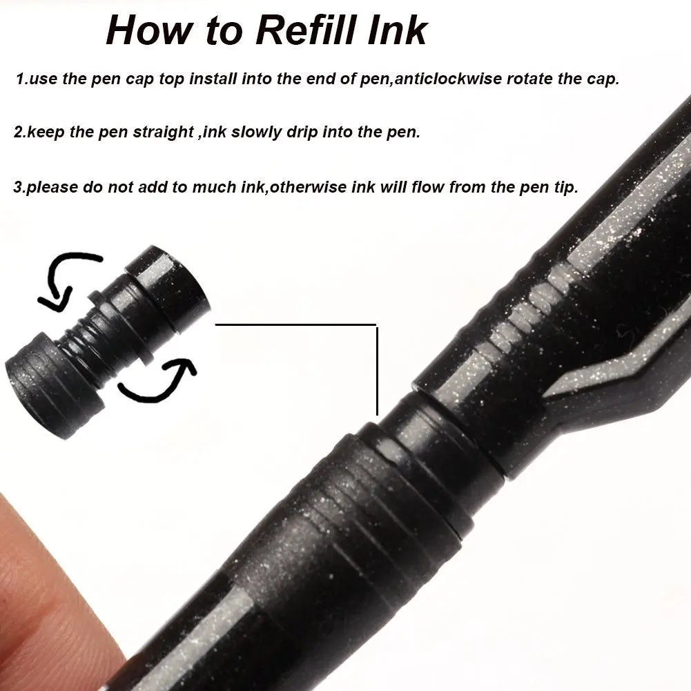 Black pen with instructions on how to refill ink