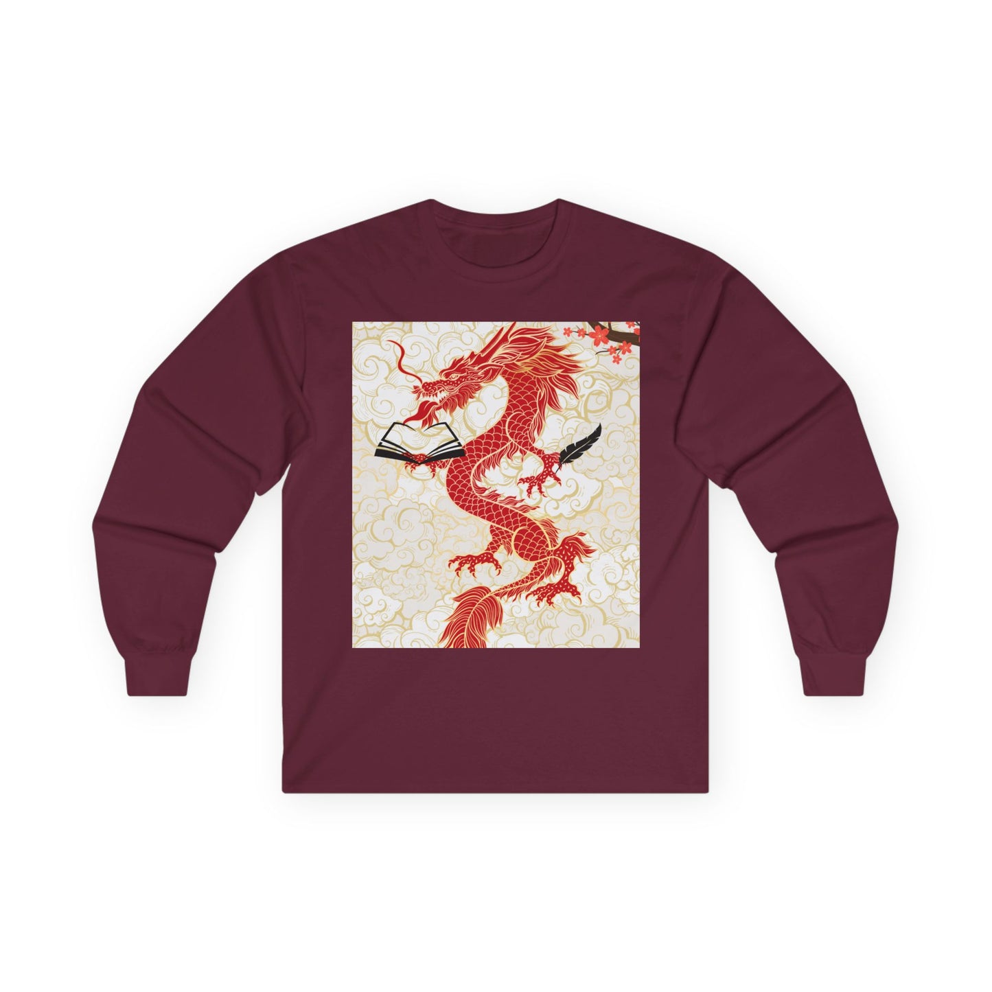 Maroon long-sleeve shirt with a red dragon design on a white background