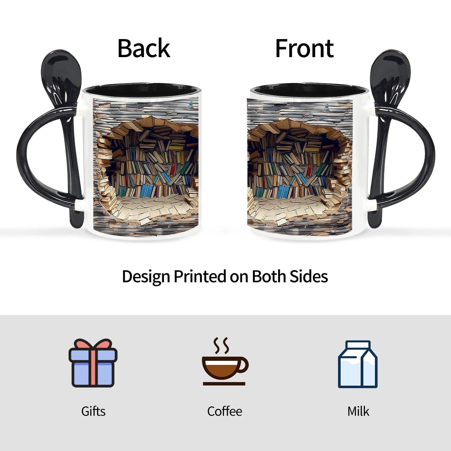 Mug with spoon handles on both sides, showing design on front and back.