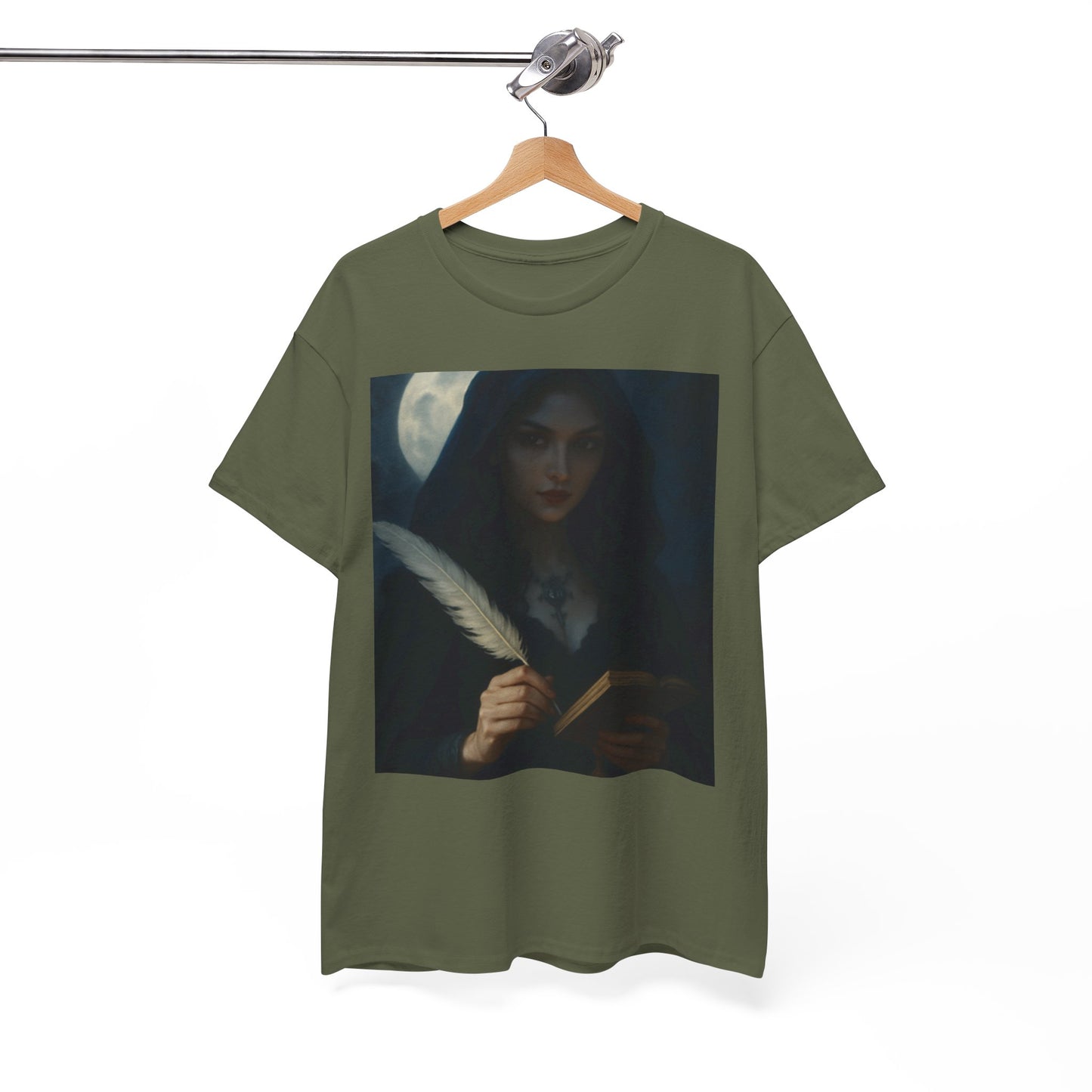 Green t-shirt with a graphic of a woman holding a feather pen and book on a hanger against a white background