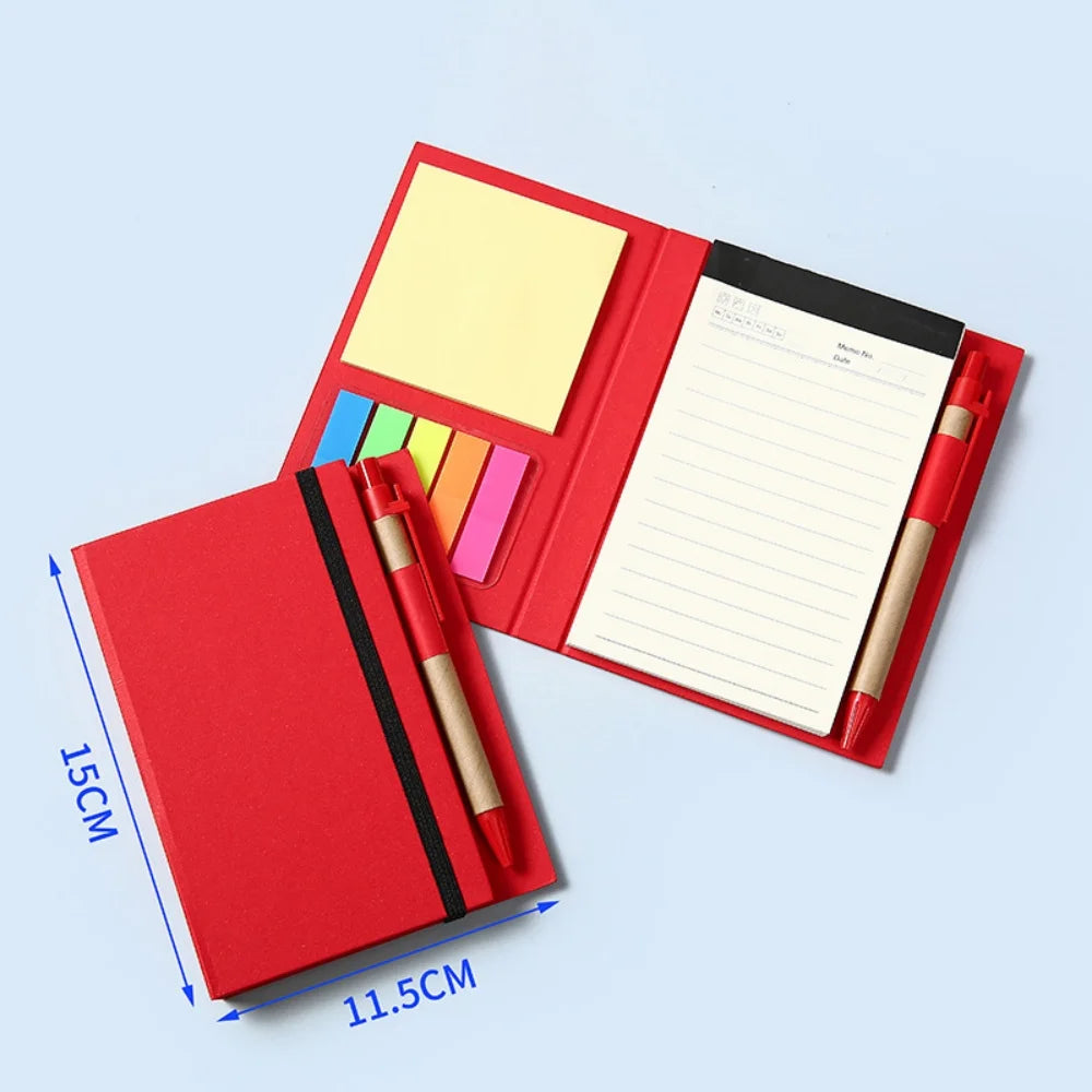 Red notebook set with pens and sticky notes on a light blue background