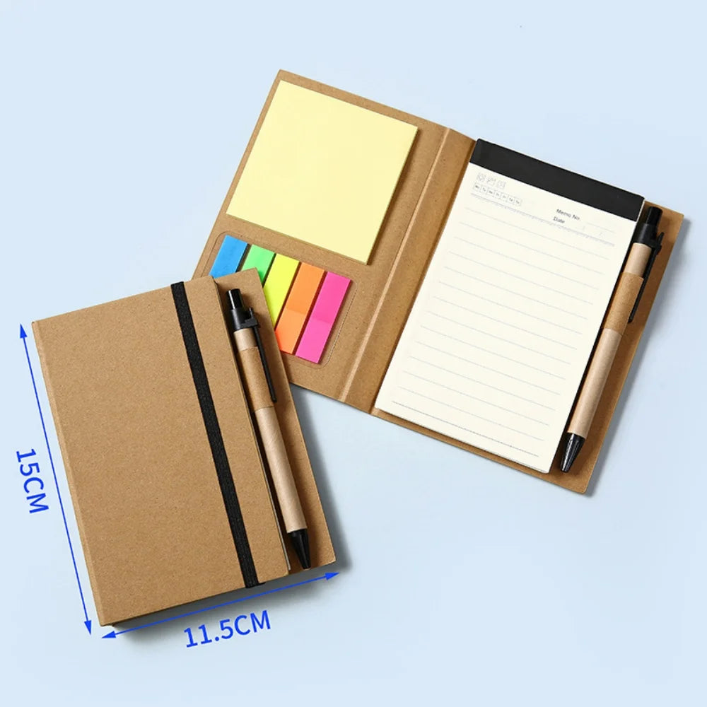 Notebook set with pens and sticky notes on a light blue background