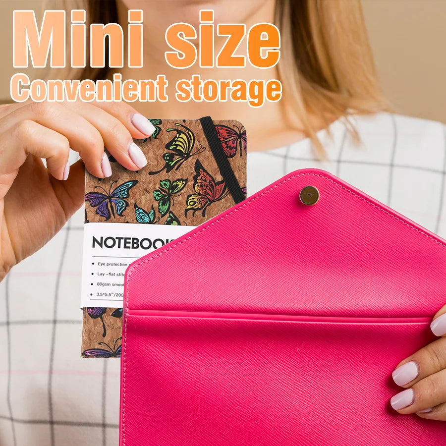 Person holding a pink mini notebook with a close-up of a notebook and text 'Mini size Convenient storage' on a beige background.