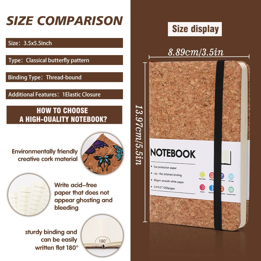Cork notebook with size comparison details on a brown background