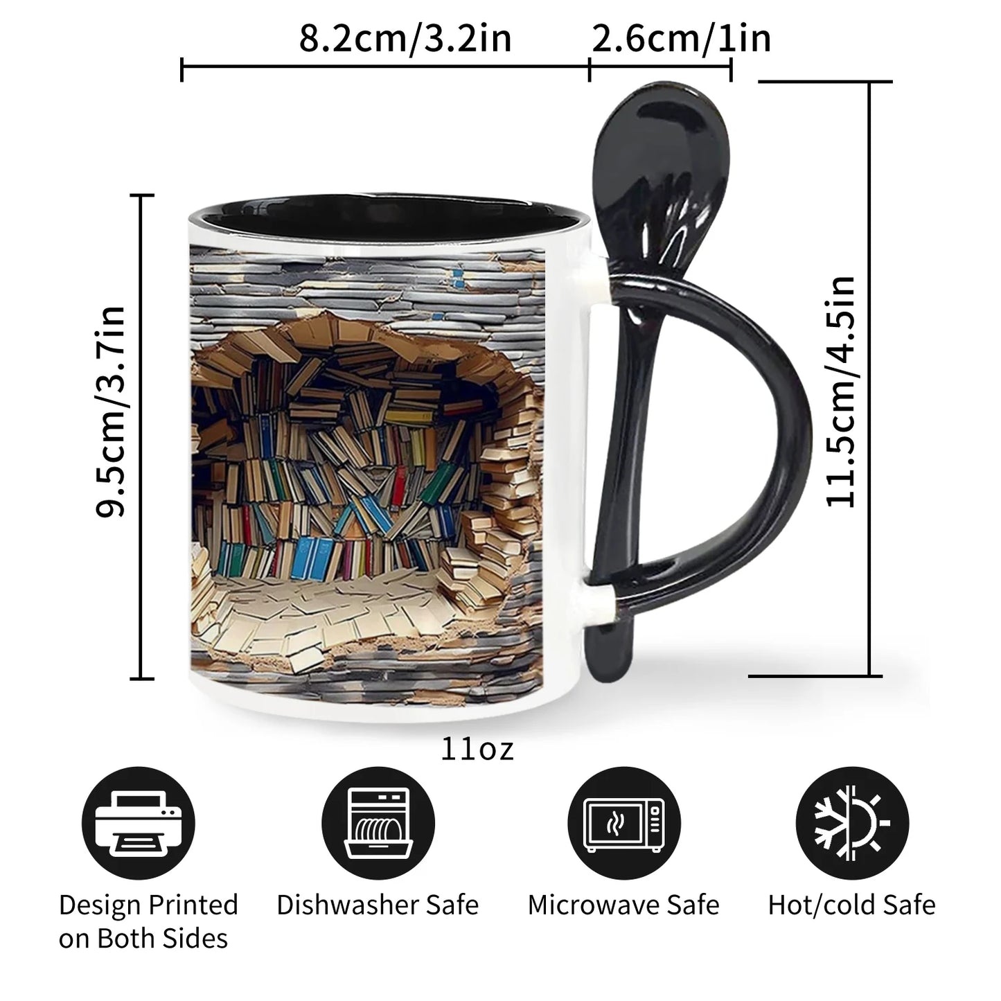 Mug with spoon showing dimensions and features on a white background