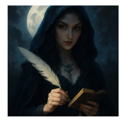 Woman in dark hood holding a feather and book against a moonlit sky