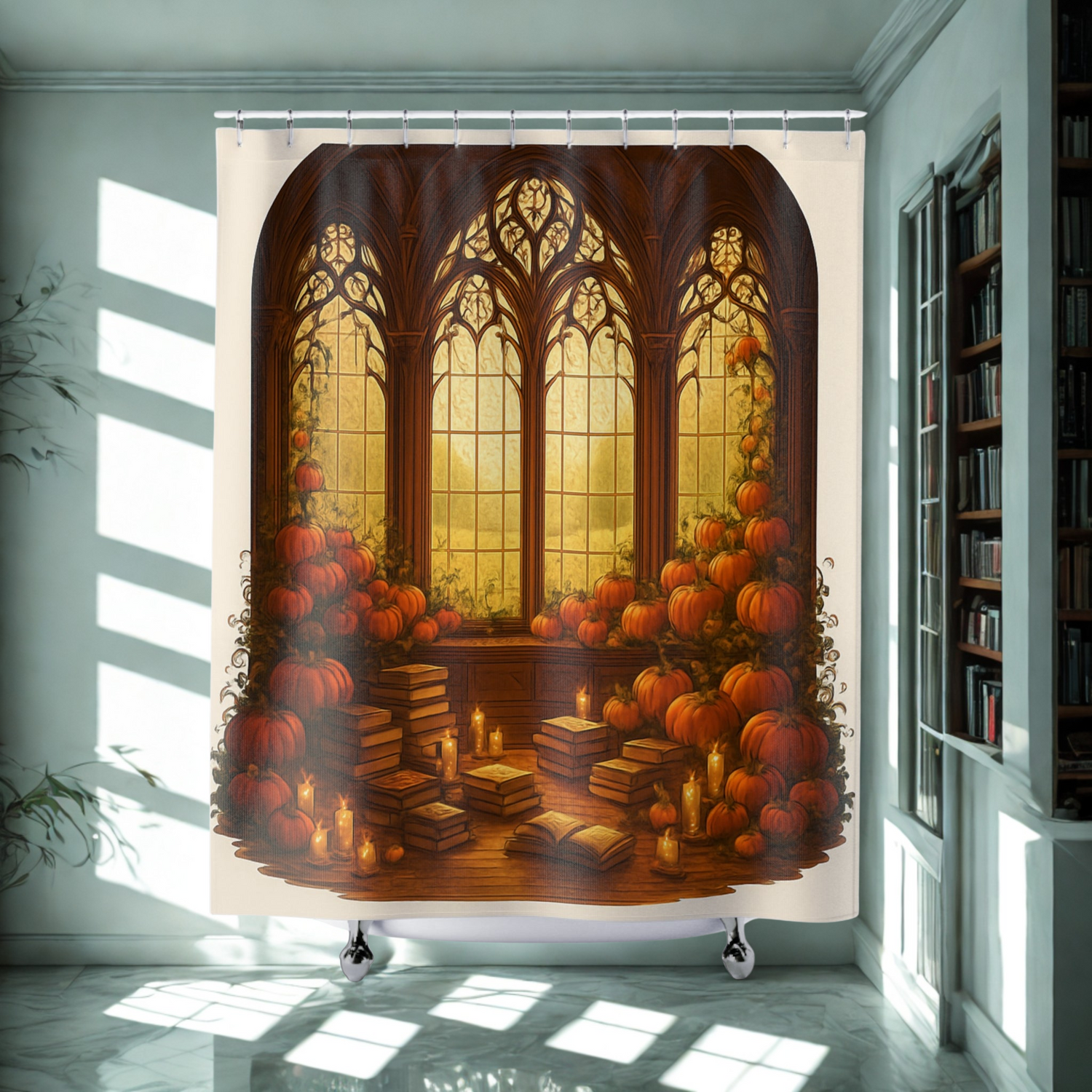 shower curtain with 3 elvish style windows with pumpkins, books and candles placed on the floor infront