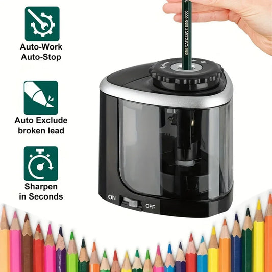 Black pencil sharpener with features highlighted, surrounded by colorful pencils on a white background.