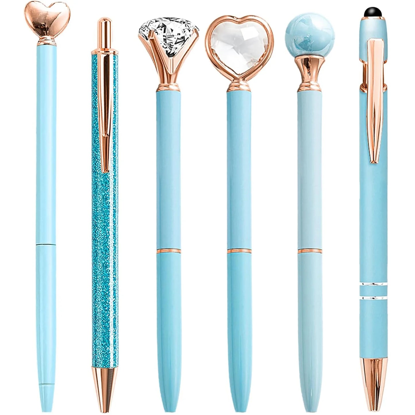 Set of decorative pens with blue and rose gold accents on a white background