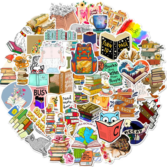 Collection of colorful book-themed stickers on a white background