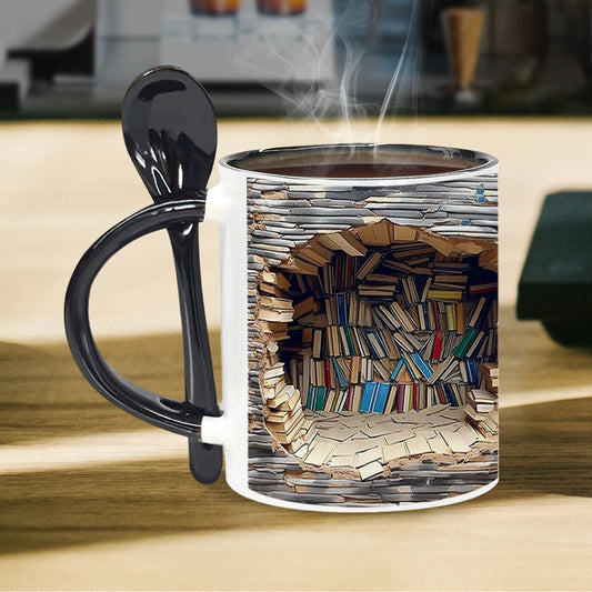 Mug with bookshelf design filled with books, steam rising from it on a wooden surface.