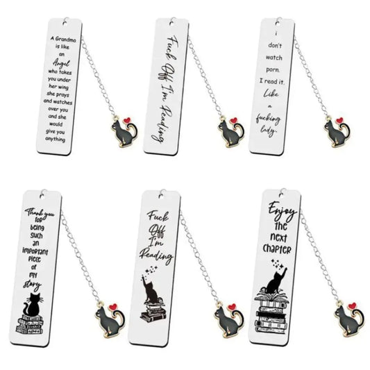 A collection of nine silver metal bookmarks with various cat-themed inscriptions and designs, attached to a chain with a bell.