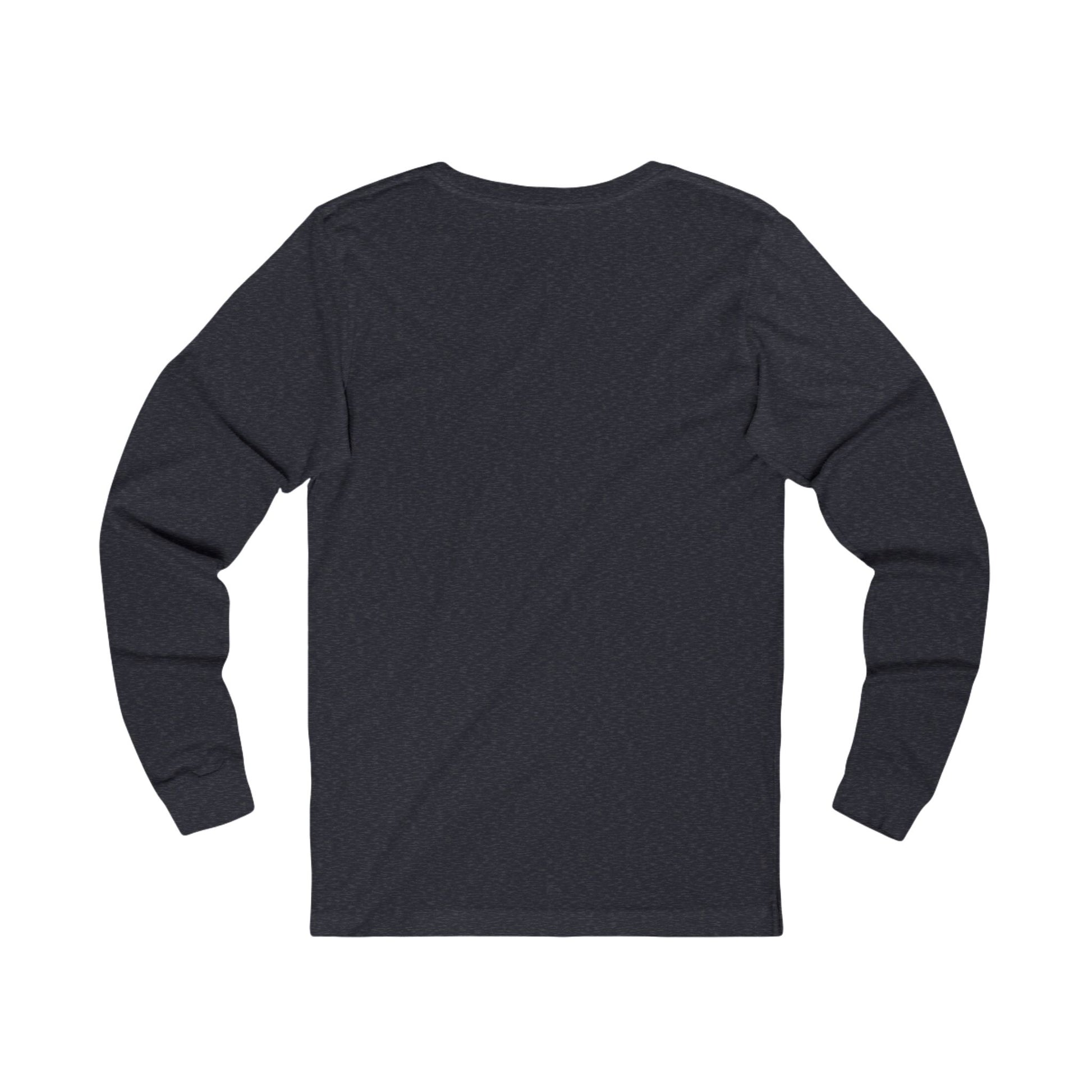 Back view of a dark gray long-sleeve shirt on a white background