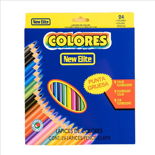 Pack of New Elite Colores colored pencils with a blue background