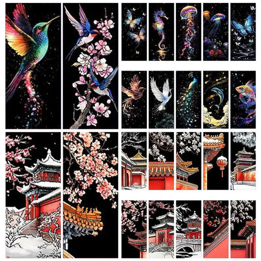 Collage of various diamond painting designs including birds, flowers, and buildings.
