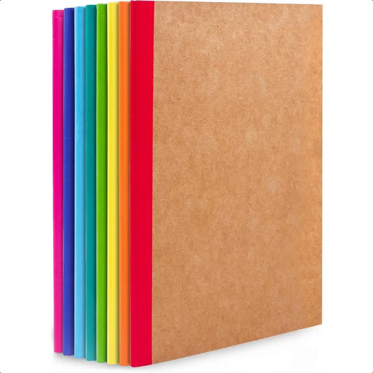 Set of colorful notebooks with a brown notebook on a white background