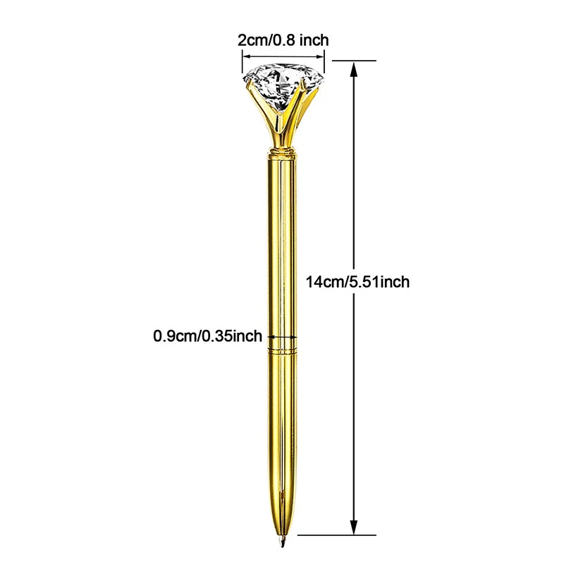 Gold pen with diamond-like cap and measurements on a white background