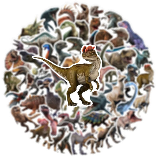 Collection of various dinosaur figurines arranged in a circular pattern with a focus on a specific one.