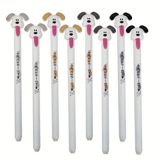 Set of eight dog-shaped pens with unique designs on a white background