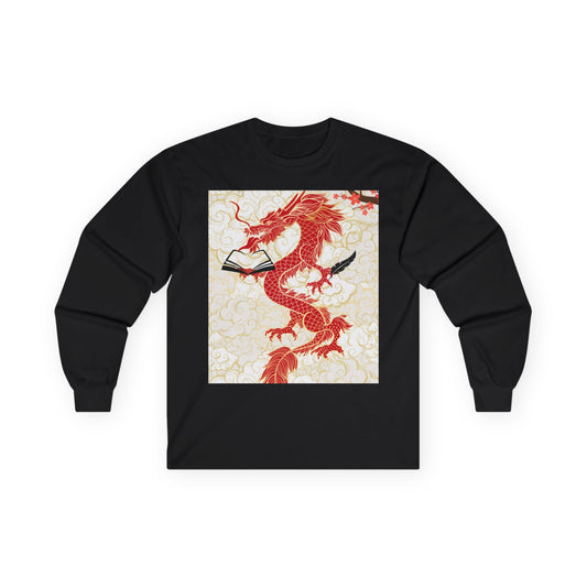 Black long-sleeve shirt with a red dragon design on a white background