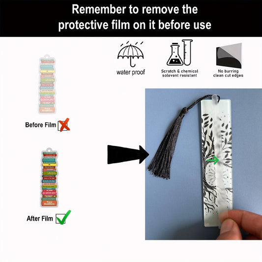 Bookmark with tassel and protective film removal instructions on a white background