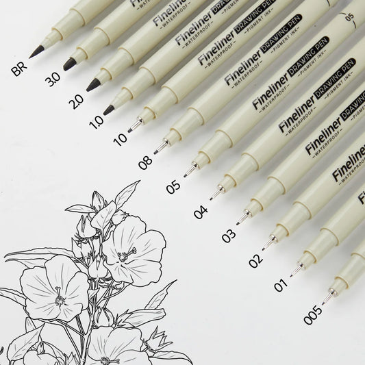 Set of Fineliner drawing pens with floral illustration on a white background
