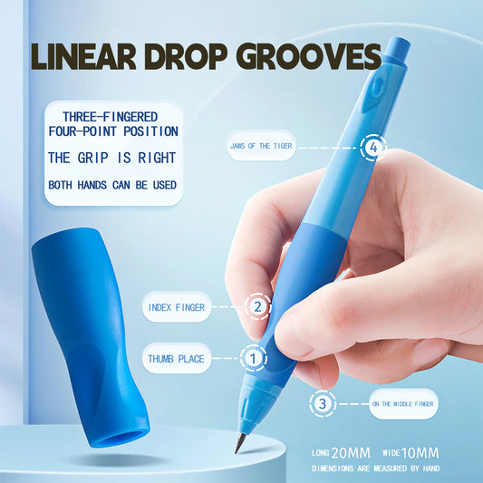 Blue pen with hand holding it, labeled for grip and design features on a light blue background.
