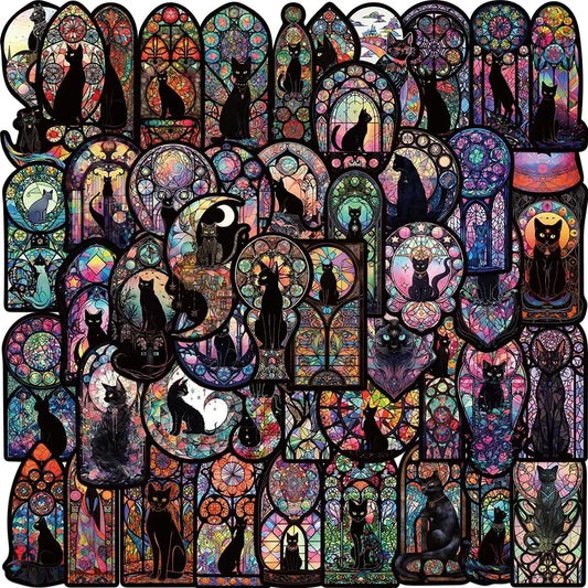 Collection of colorful cat-themed stickers with a stained glass design.