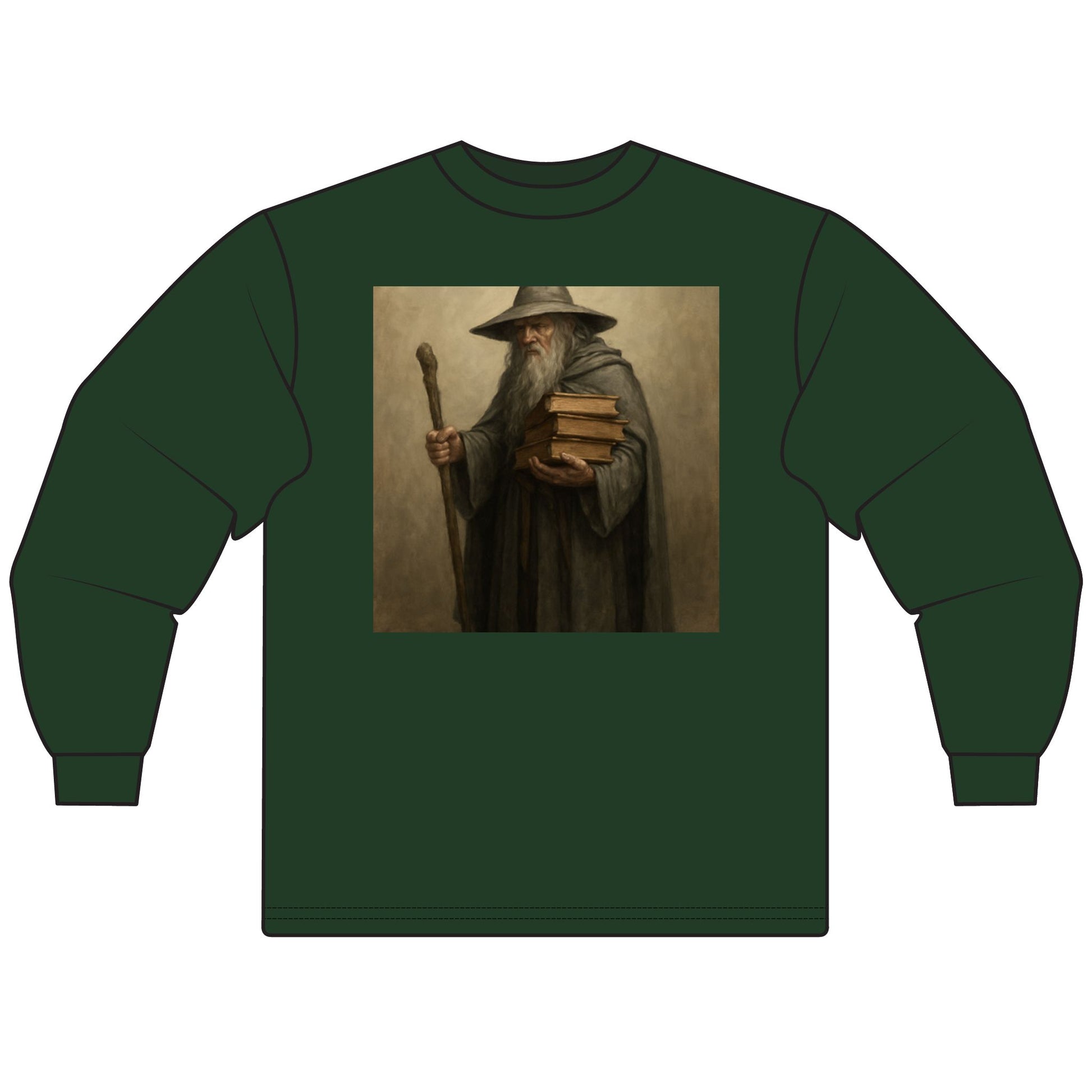 Green long-sleeve shirt with a printed design of a character holding books and a staff on a beige background.