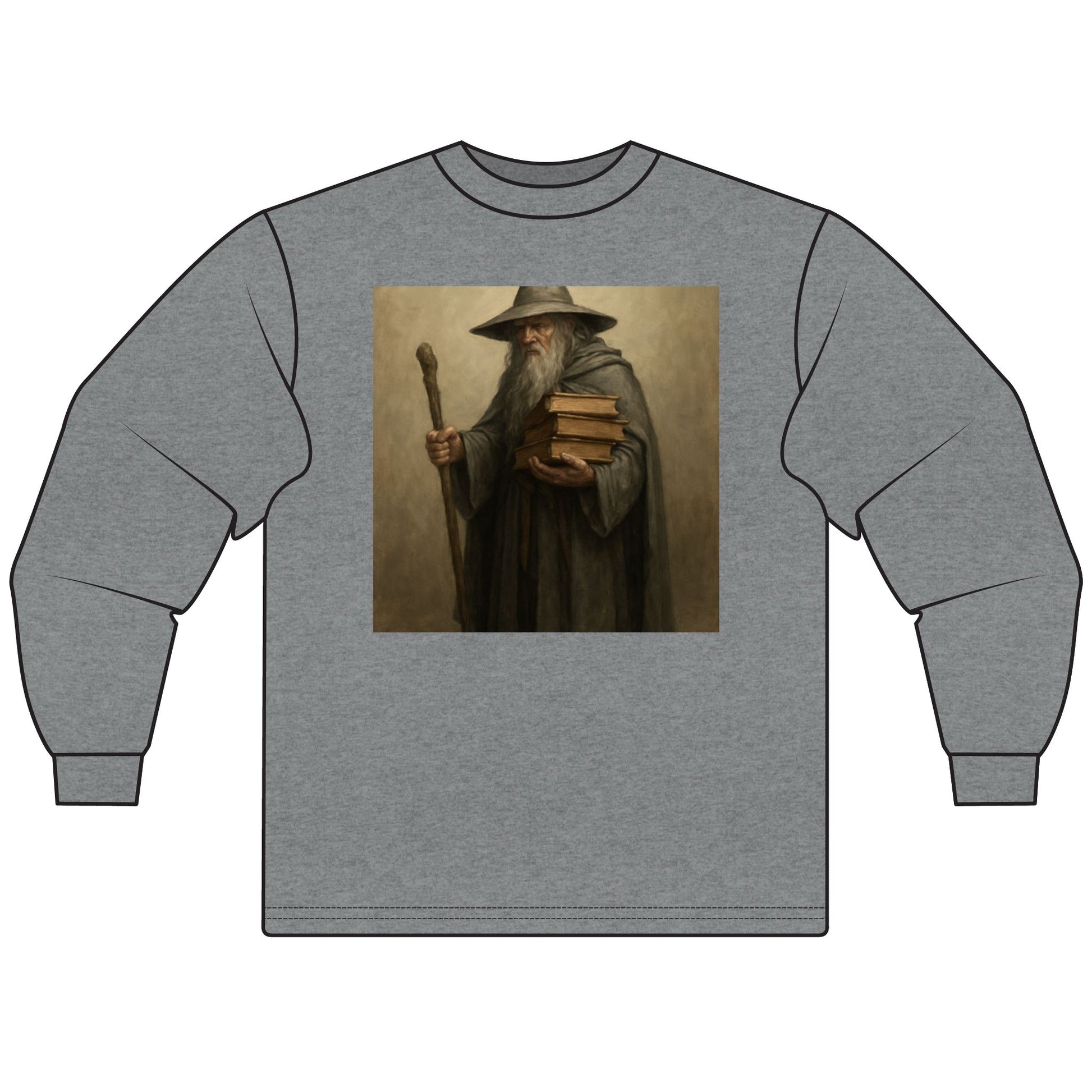 Gray long-sleeve shirt with a printed design of a character holding books and a staff on a beige background.