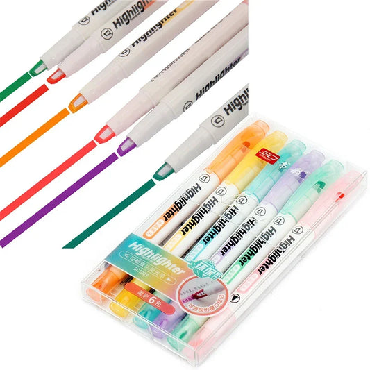 Set of colorful highlighters with a clear plastic case on a white background