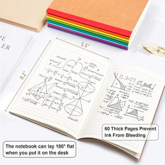 Open notebook with mathematical diagrams and text, showing 60 thick pages preventing ink bleeding feature.