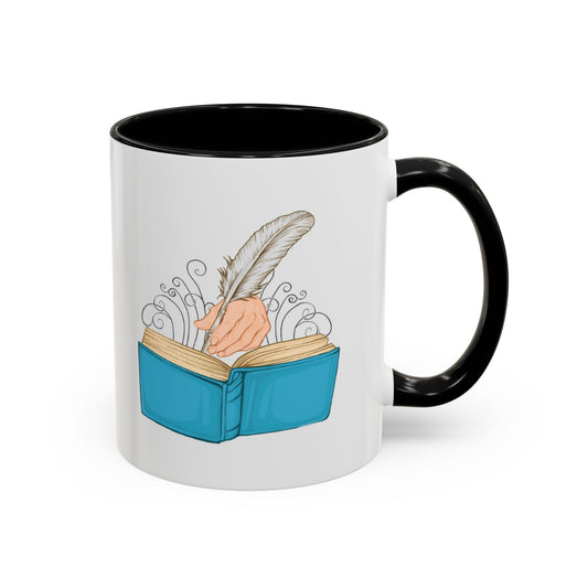 Mug with a design of a hand holding a feather over an open book on a white background