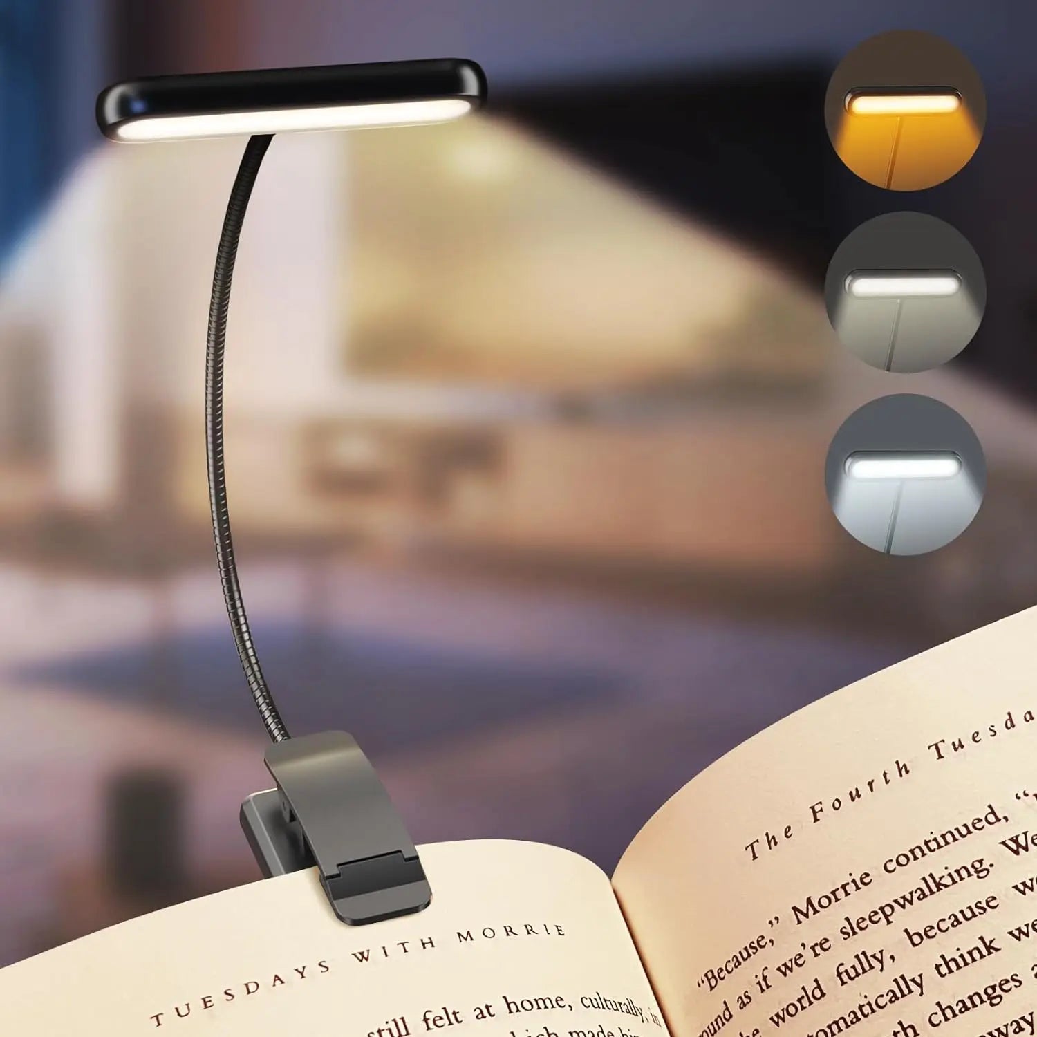 Clip-on book light on an open book with three light mode indicators.