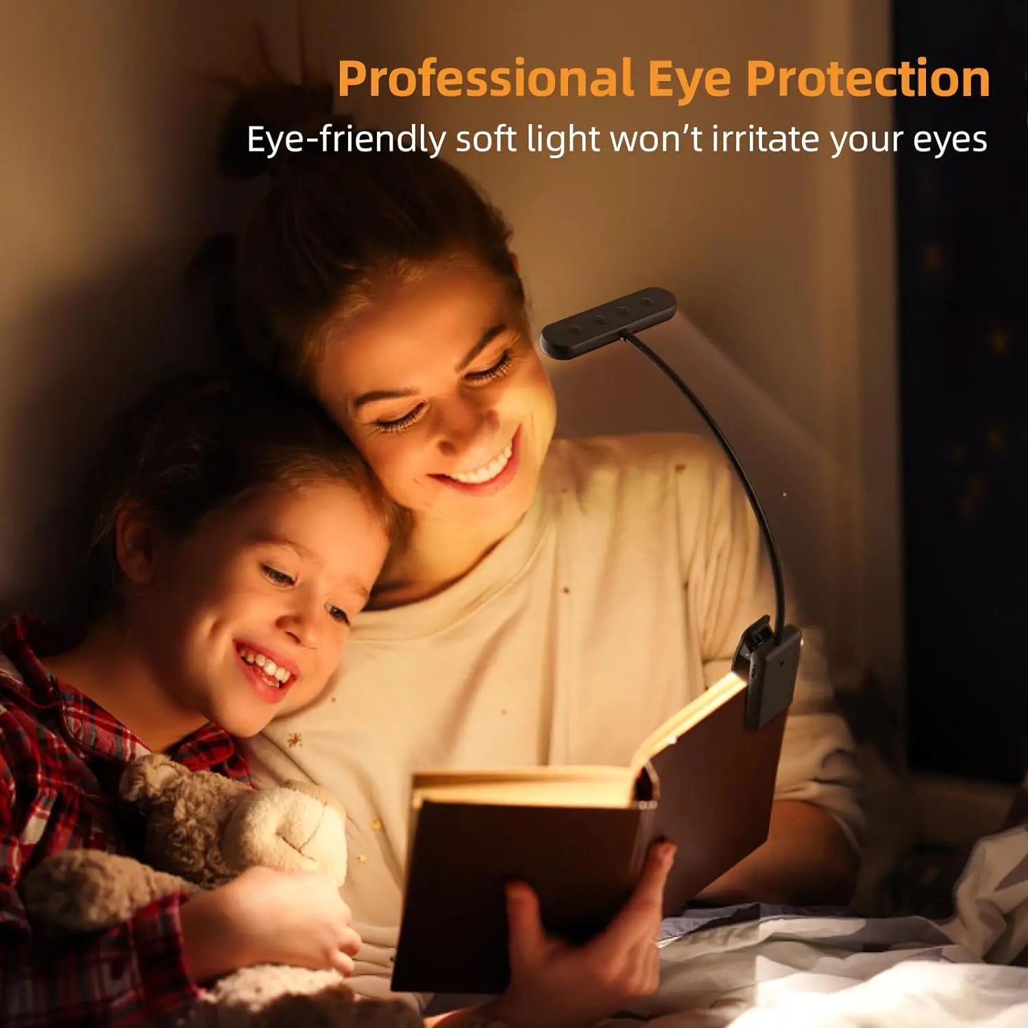 Woman and child reading a book together with a light source, emphasizing eye protection.