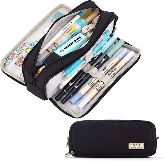 Pencil case with stationery items and a black pencil case labeled 'Special' on a white background