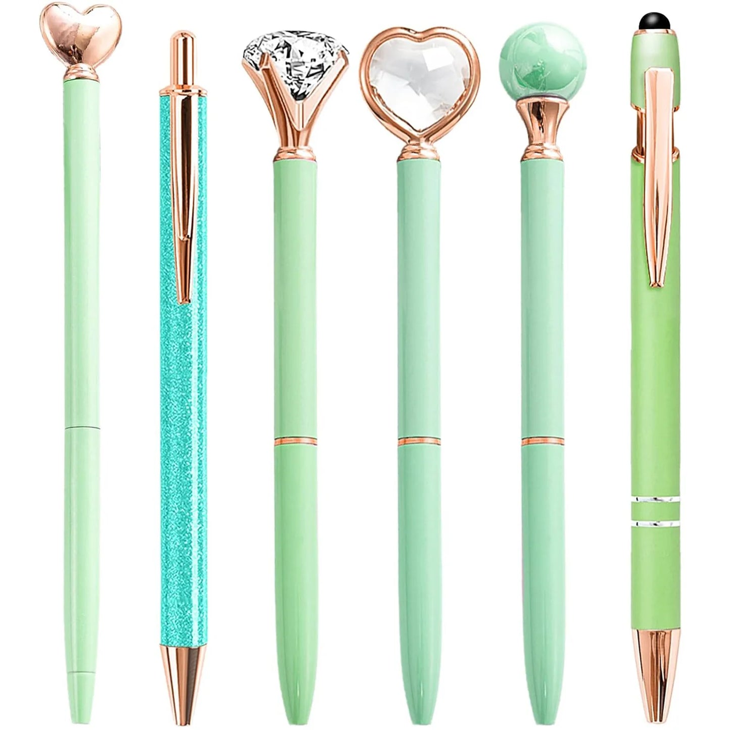 Set of six decorative pens with unique designs on a white background