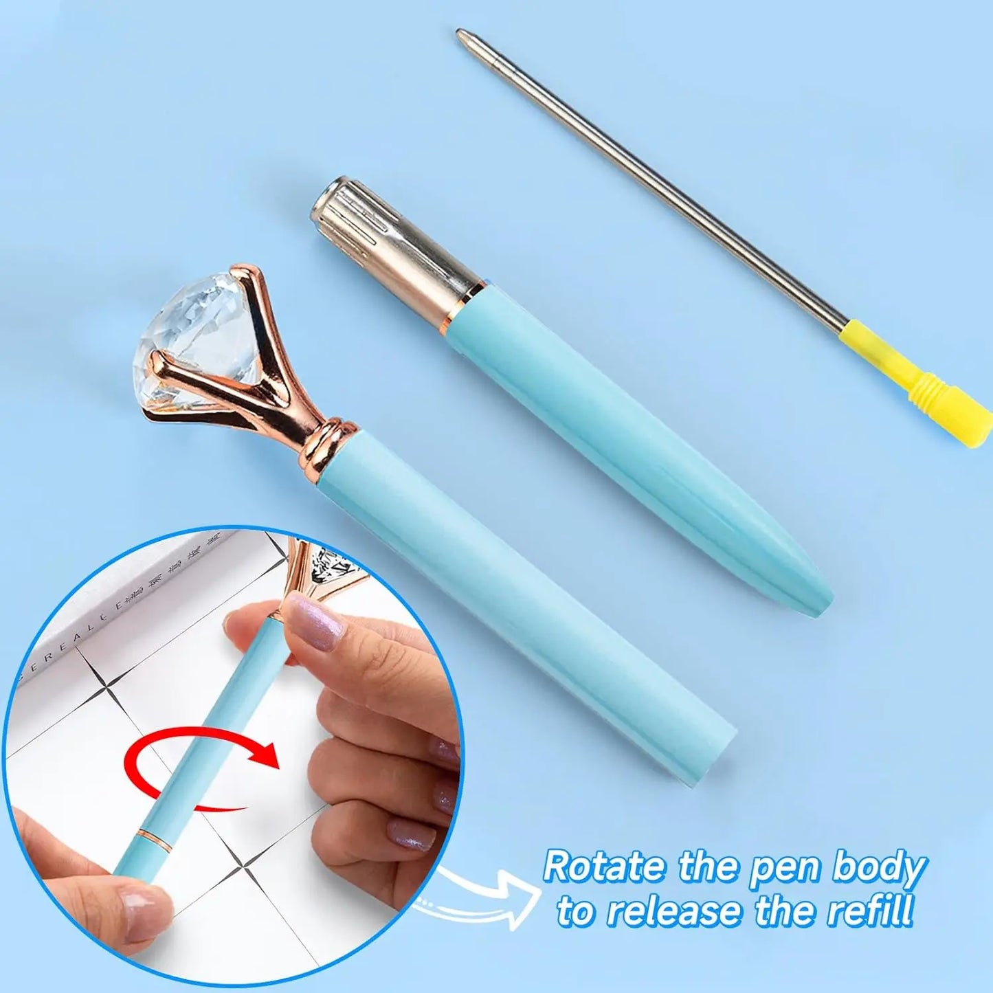Light blue pen with diamond-shaped clip on a light blue background
