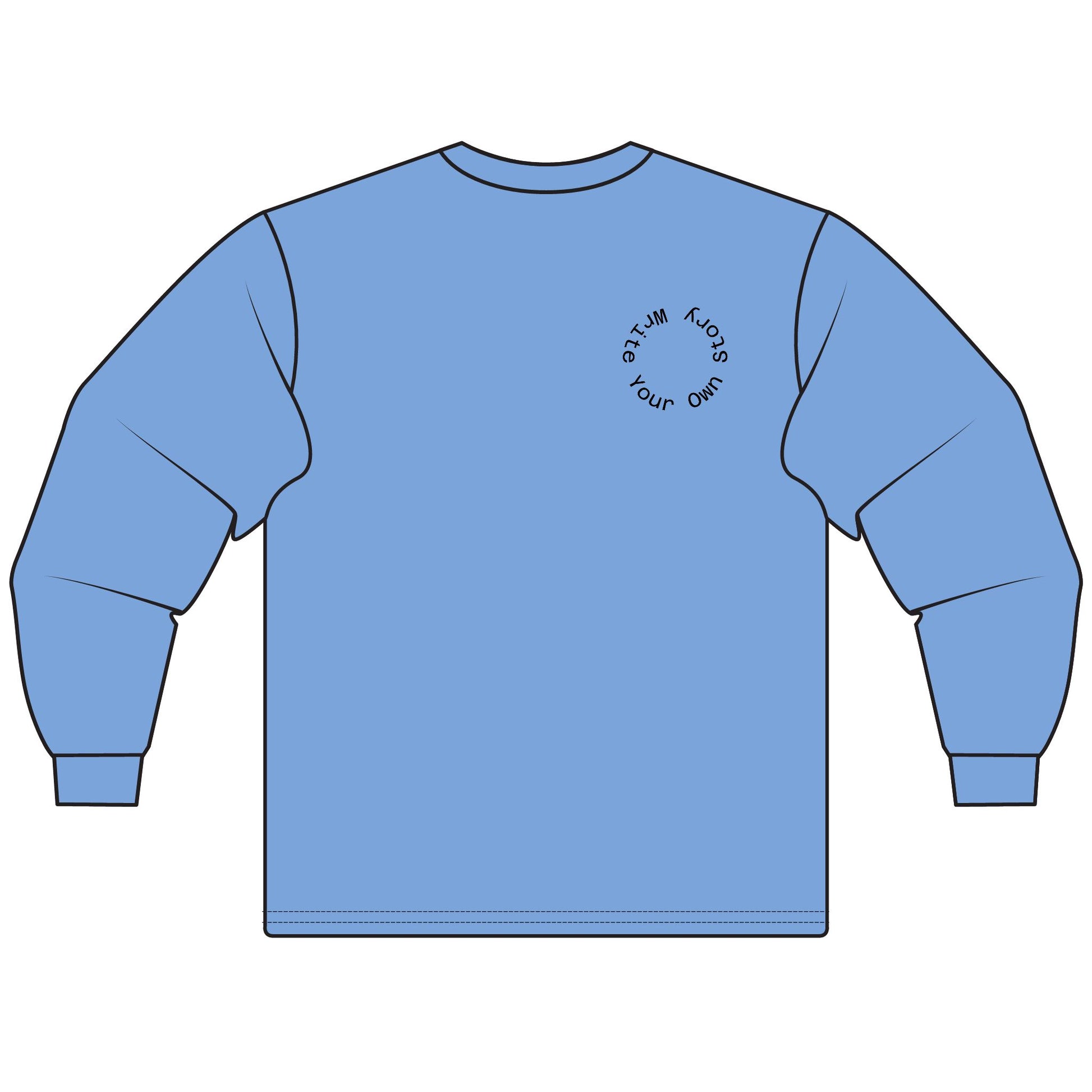 Blue long-sleeve shirt with a circular logo on the chest against a white background