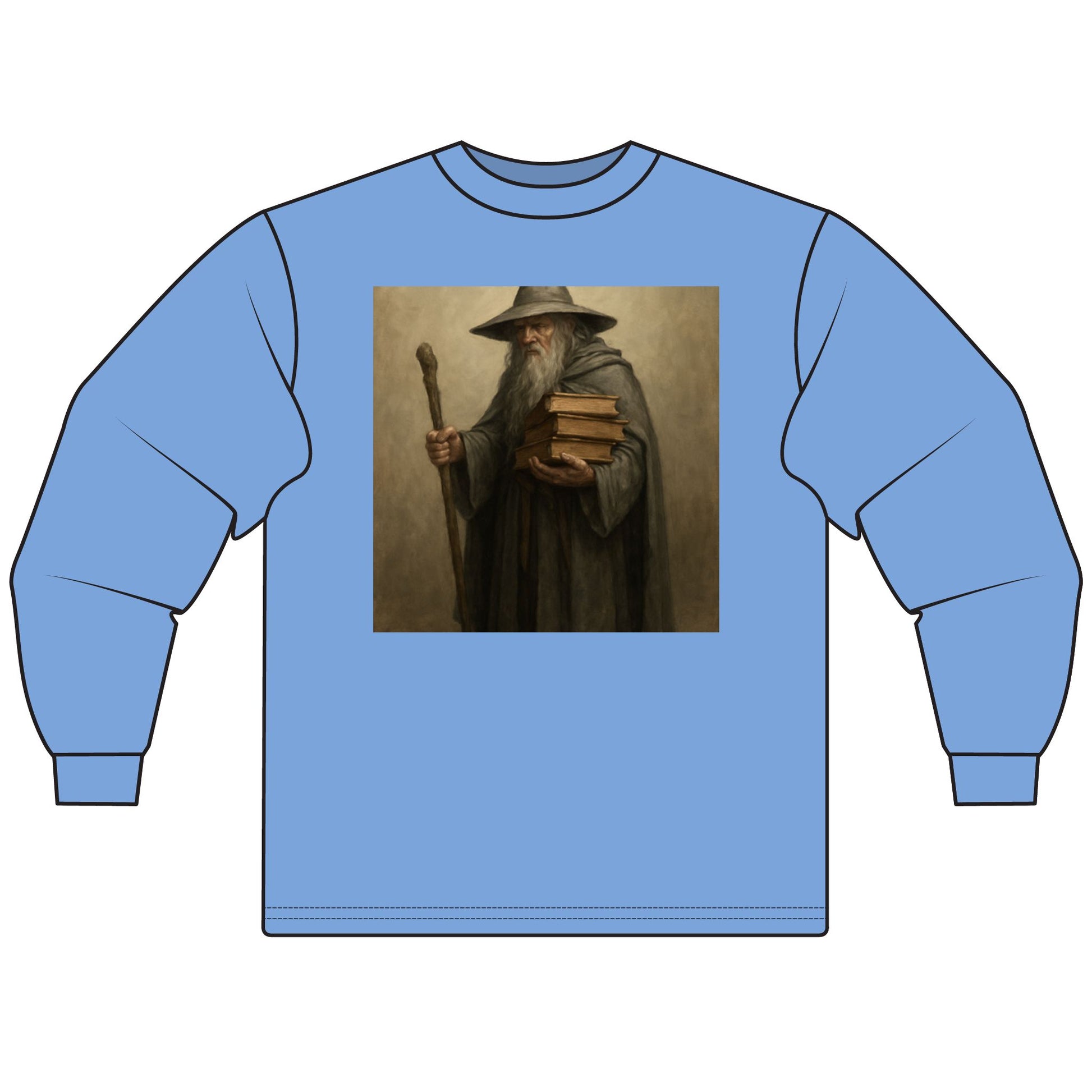 Blue long-sleeve shirt with a graphic of a character holding books and a staff on a beige background.