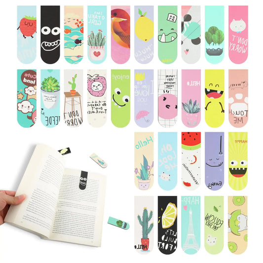 Collection of colorful cartoon bookmarks with a hand holding an open book.