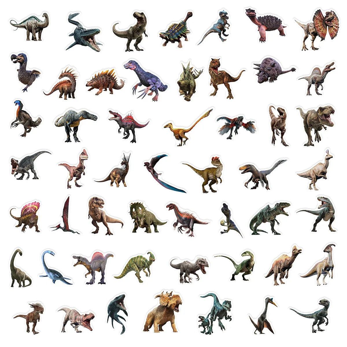 Collection of various toy dinosaurs on a white background