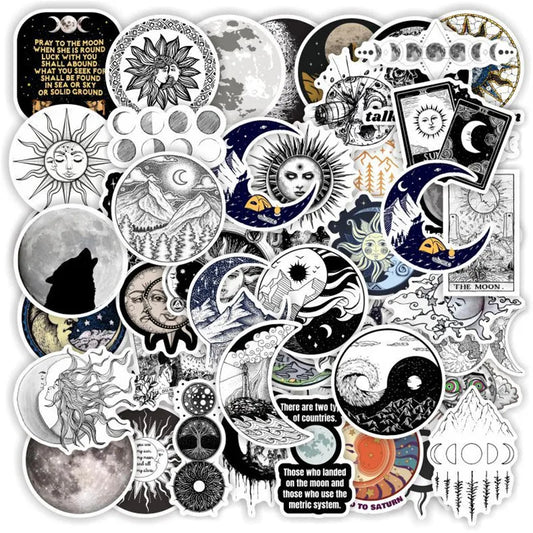 Collection of moon and sun-themed stickers on a white background