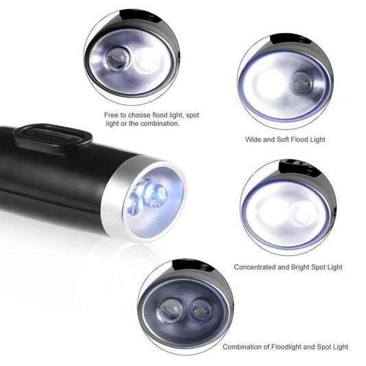 Black flashlight with adjustable light modes on a white background