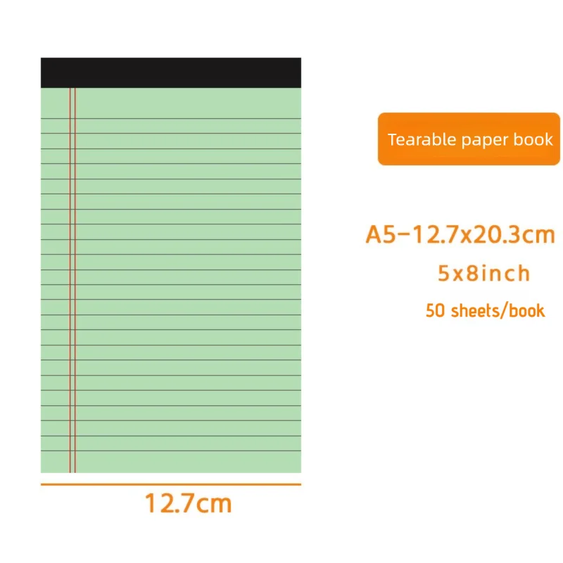 Green tearable paper book with dimensions and specifications on a white background