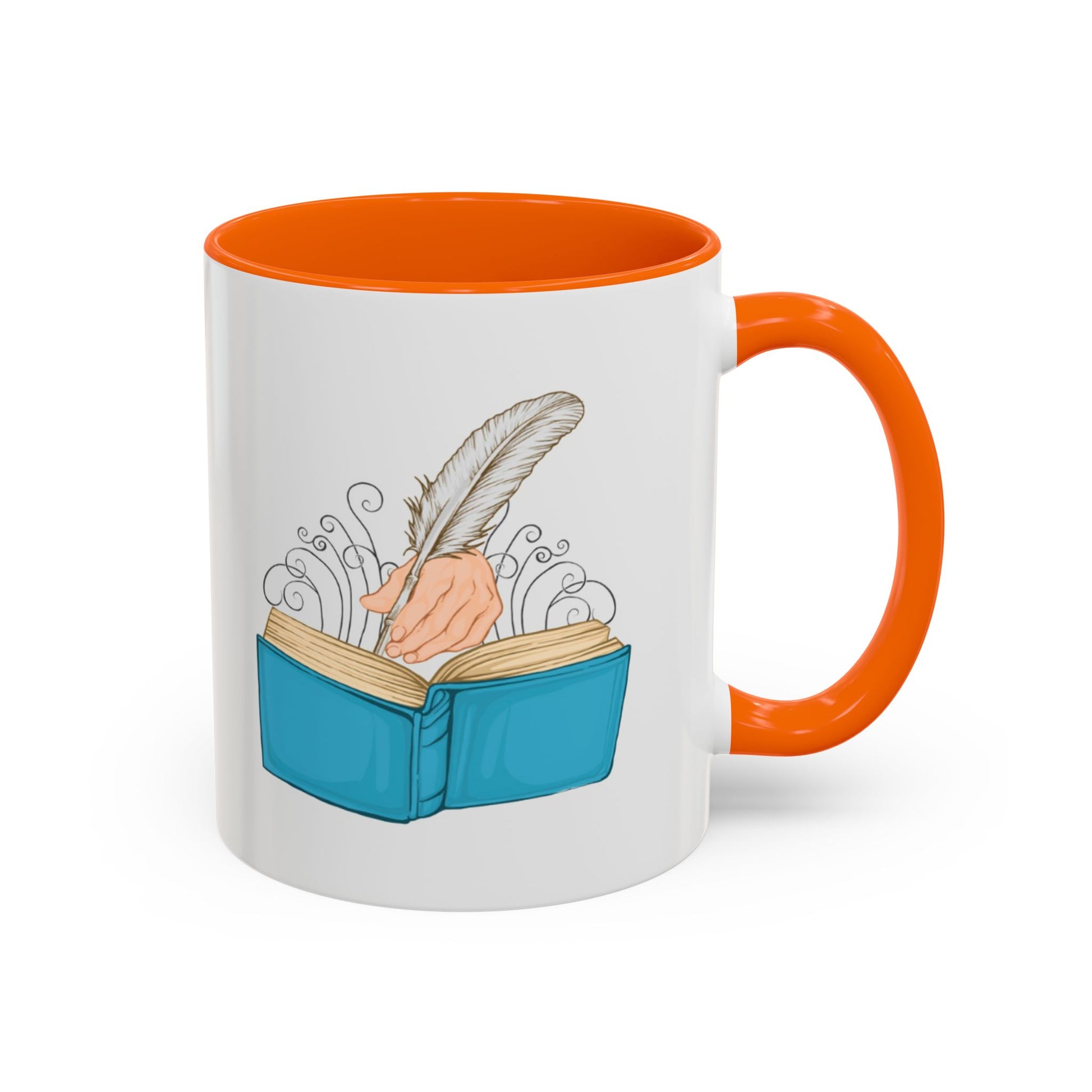 Mug with a design of a hand holding a feather over an open book, against a white background.