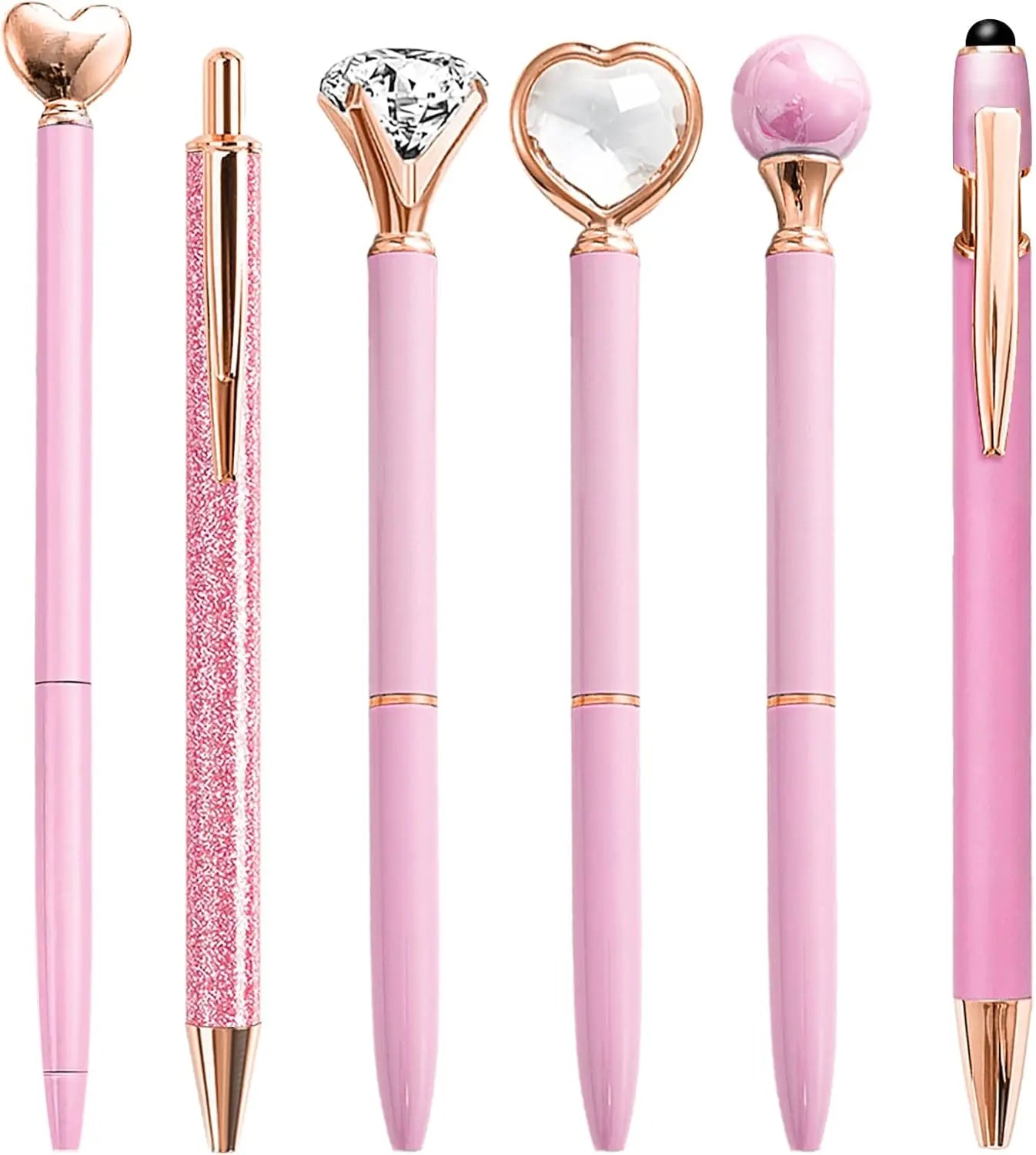 Set of pink pens with decorative tips on a white background