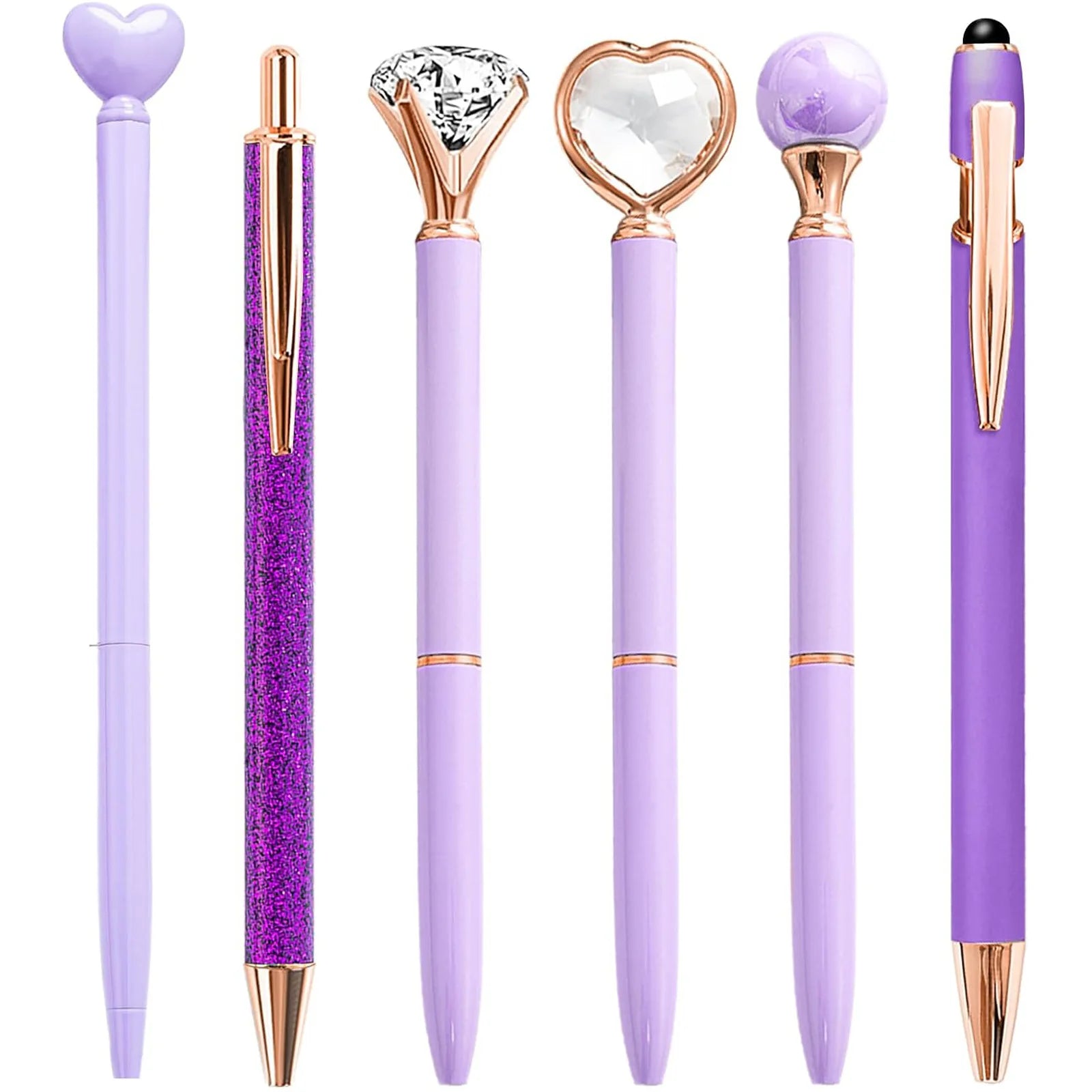 Set of purple pens with decorative tips on a white background