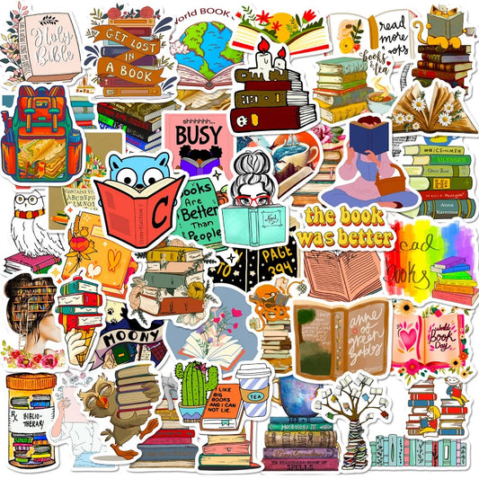 Collection of colorful book-themed stickers on a white background