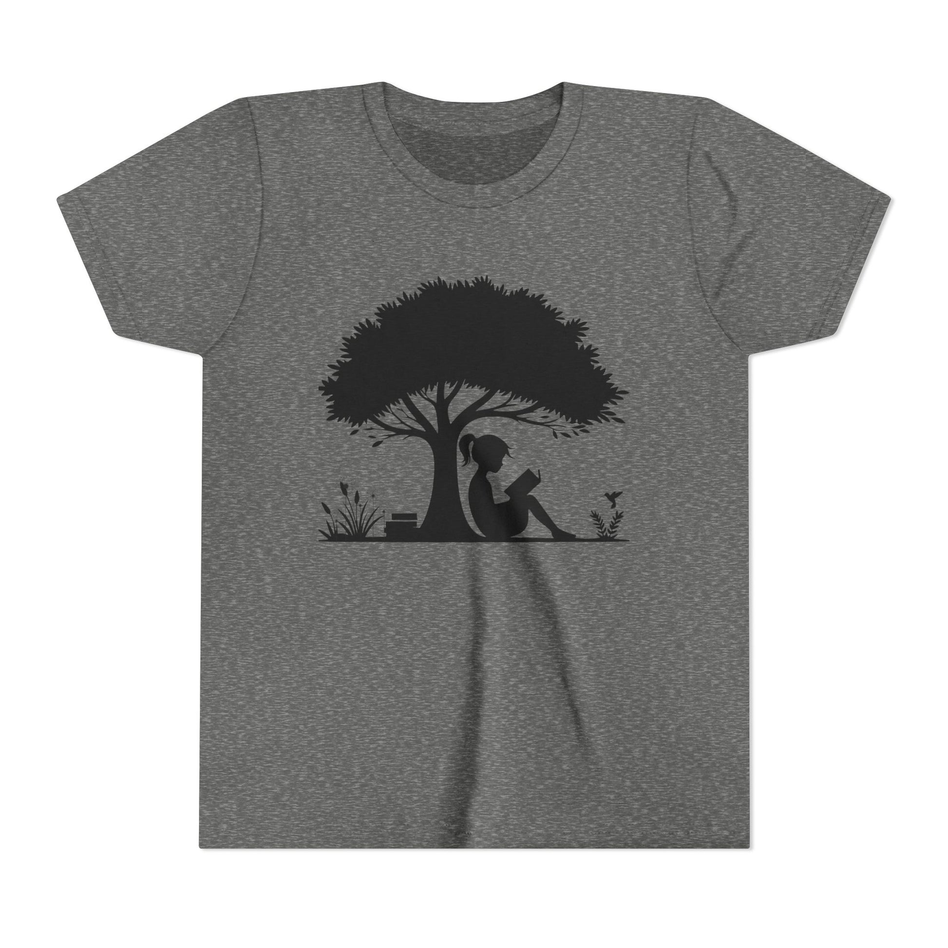 Gray t-shirt with a black silhouette of a girl under a tree on a white background